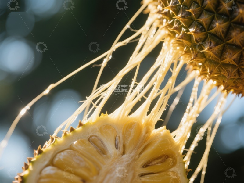 高清大图下载【趣麦麦图】新鲜榴莲切开瞬间，金黄色果肉与纤维