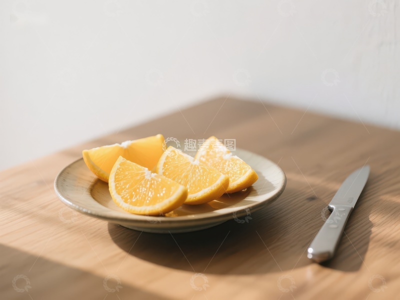 高清大图下载【趣麦麦图】切片橙子置于盘中，旁配刀具
