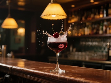 酒吧鸡尾酒杯中的樱桃飞溅瞬间