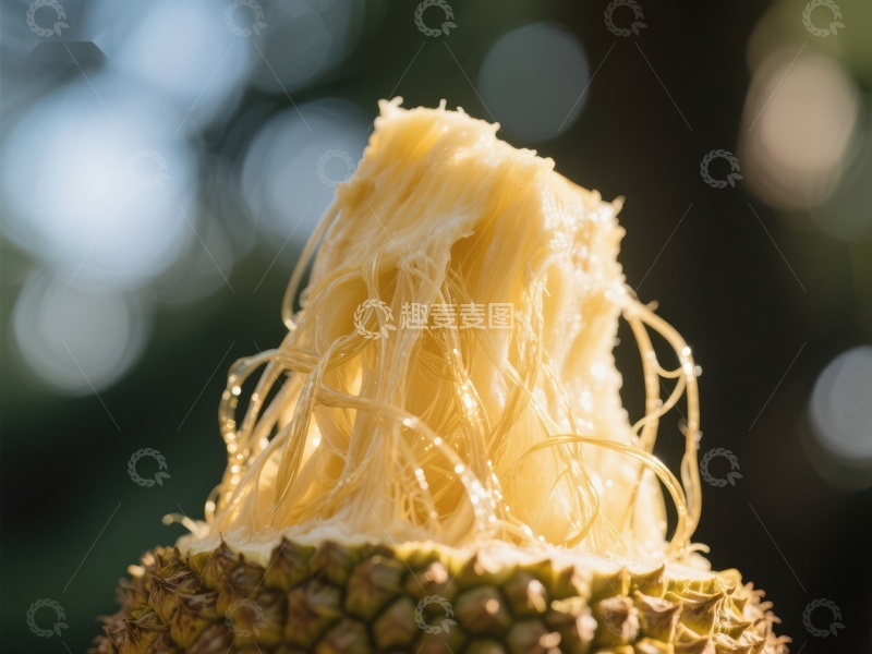 高清大图下载【趣麦麦图】菠萝顶部特写，阳光照射下的纤维细节