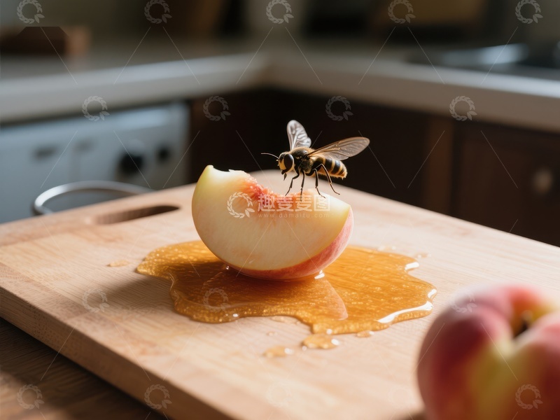 蜜蜂停驻在切开的桃子上