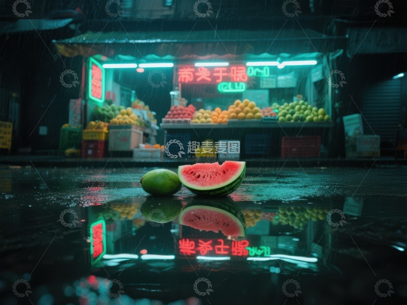 雨夜市场，西瓜静候