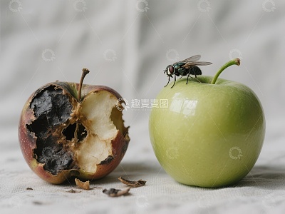 新鲜与腐烂苹果对比，苍蝇停驻其上