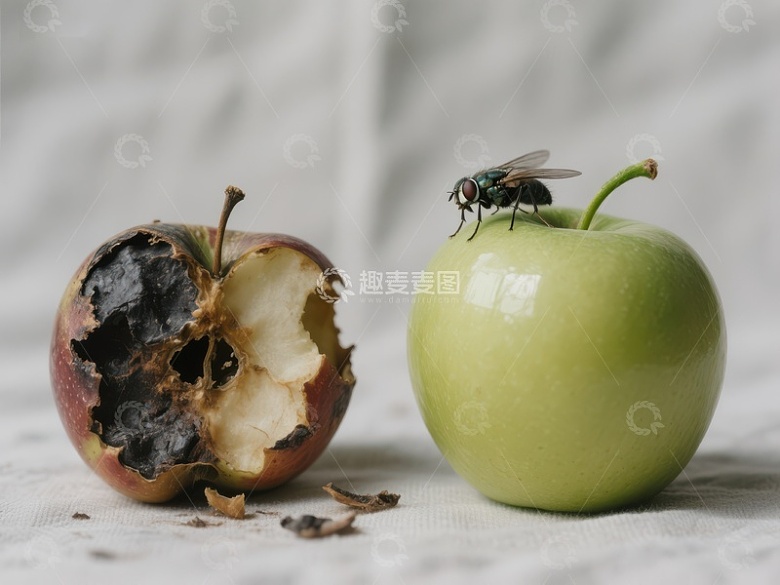 新鲜与腐烂苹果对比，苍蝇停驻其上