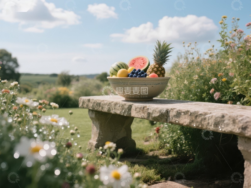 高清大图下载【趣麦麦图】花园石凳上的水果碗