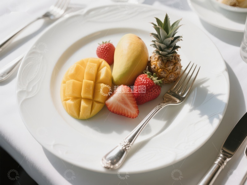 高清大图下载【趣麦麦图】精致水果拼盘，摆放在白色餐盘上
