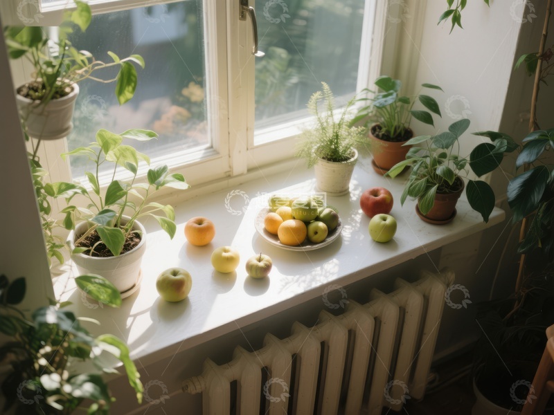 高清大图下载【趣麦麦图】窗台上的绿植与水果