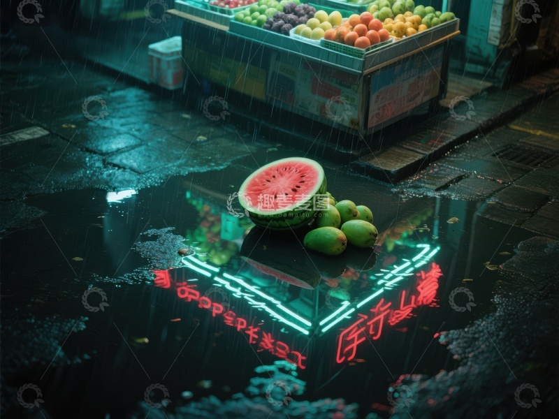 雨夜市场水果摊霓虹灯倒影