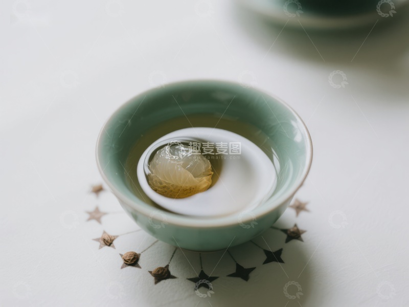高清大图下载【趣麦麦图】青瓷碗中茶汤与茶叶的静谧之美