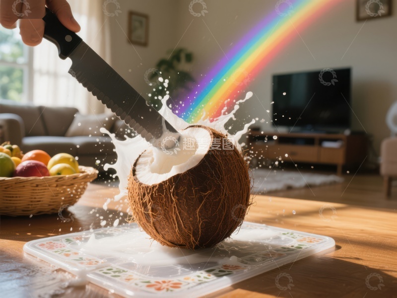 高清大图下载【趣麦麦图】刀切椰子，彩虹飞溅