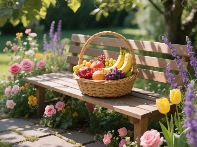 高清大图下载【趣麦麦图】花园长椅上的水果篮