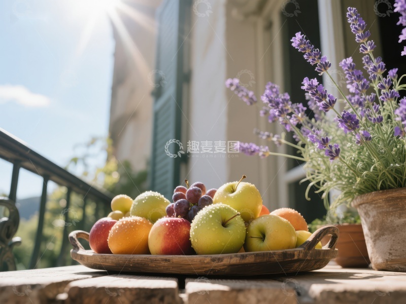 高清大图下载【趣麦麦图】阳光下的水果与薰衣草
