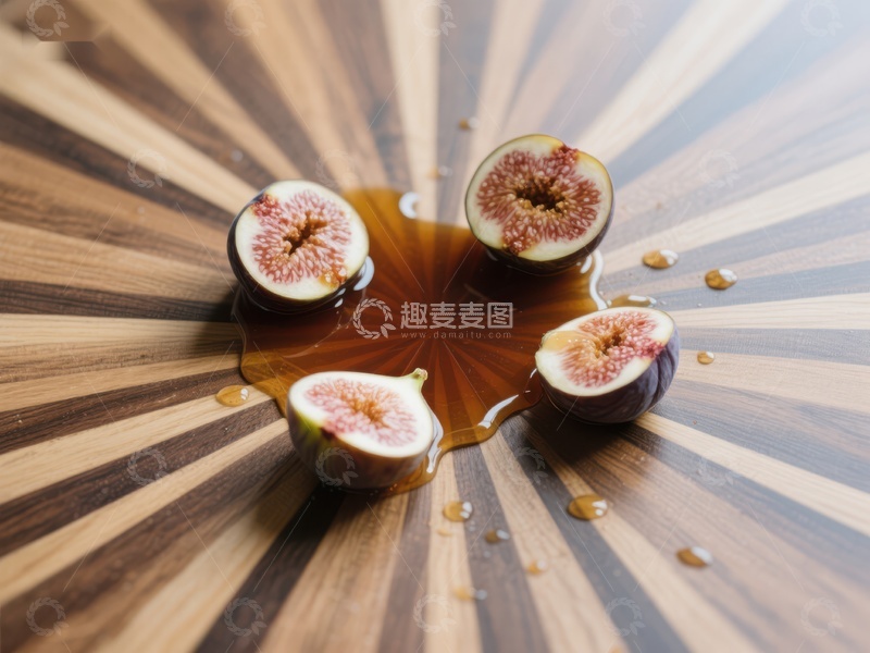 高清大图下载【趣麦麦图】切开的无花果与蜂蜜在木质板上