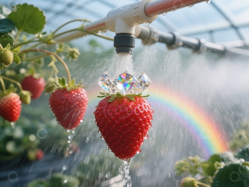 高清大图下载【趣麦麦图】草莓灌溉，水滴折射彩虹