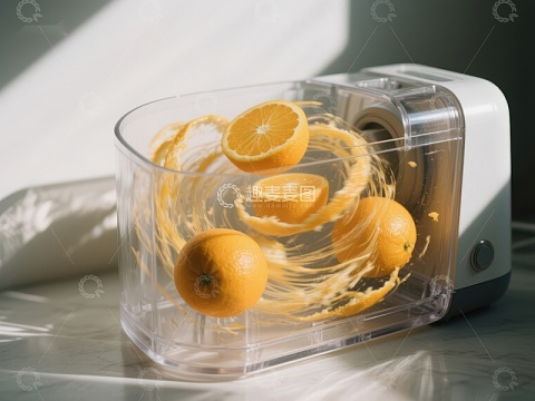 橙子在榨汁机中旋转的瞬间
