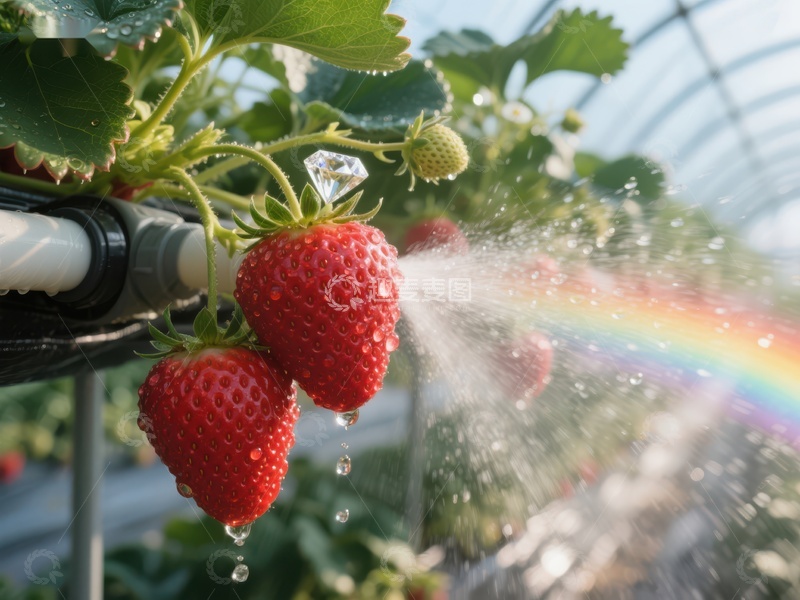 高清大图下载【趣麦麦图】温室草莓喷水，彩虹显现