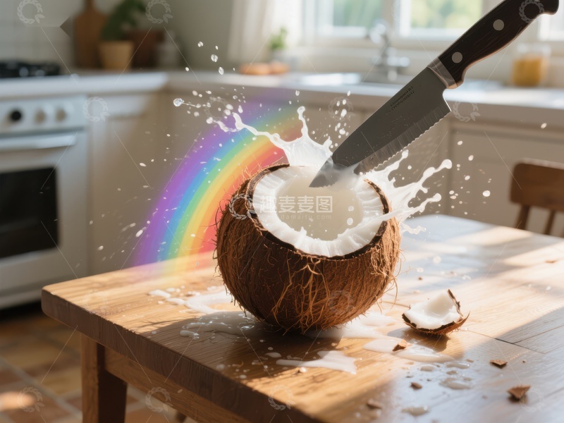 高清大图下载【趣麦麦图】刀劈椰子，彩虹飞溅