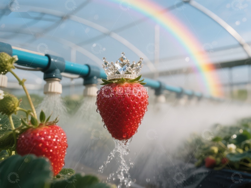 高清大图下载【趣麦麦图】温室草莓戴皇冠，彩虹映衬生机盎然