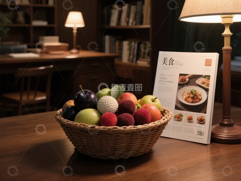 高清大图下载【趣麦麦图】书房桌上的水果篮与美食杂志