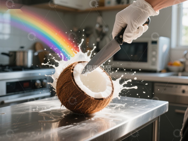 高清大图下载【趣麦麦图】刀切椰子，彩虹飞溅
