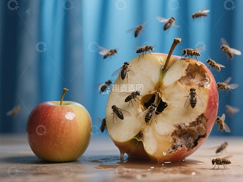 蜜蜂围绕半咬苹果，另一完整苹果旁置