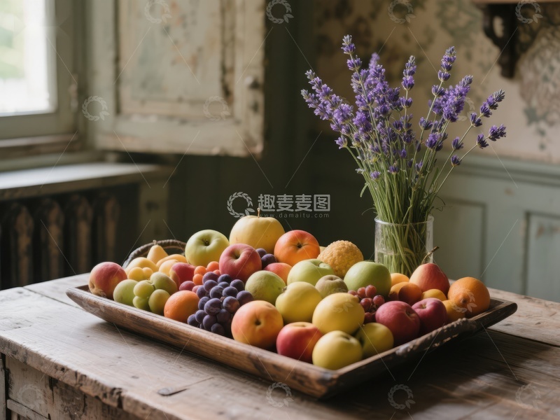 高清大图下载【趣麦麦图】-水果盘与薰衣草花束的静谧布置