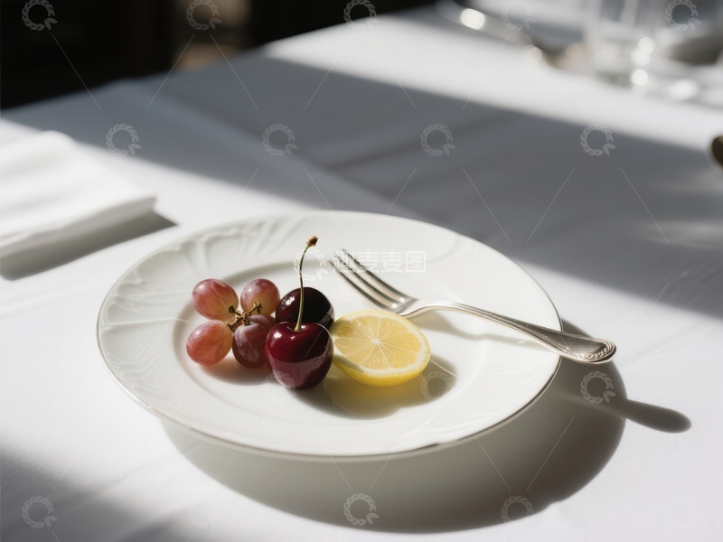 高清大图下载【趣麦麦图】盘中樱桃与柠檬片的静谧摆设