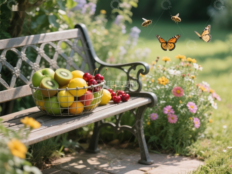 高清大图下载【趣麦麦图】花园长椅上的水果与蝴蝶