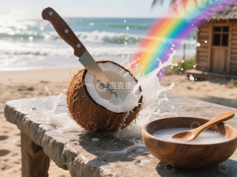 高清大图下载【趣麦麦图】椰子开壳，彩虹海滩