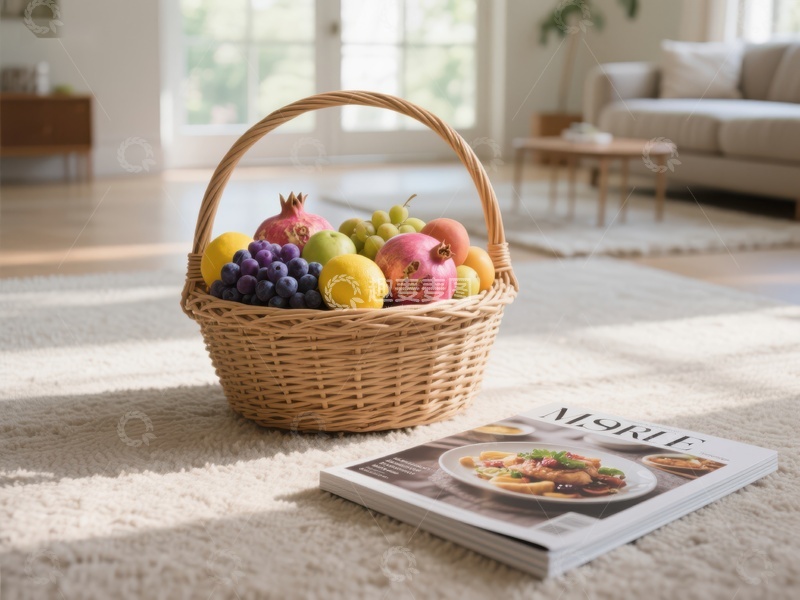 高清大图下载【趣麦麦图】果篮与美食杂志置于室内地毯上
