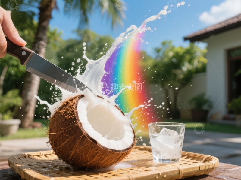 高清大图下载【趣麦麦图】刀切椰子，水花四溅彩虹显现