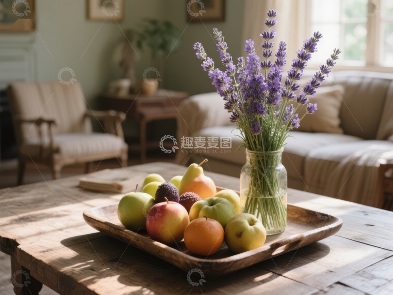 高清大图下载【趣麦麦图】-客厅桌上摆放的水果与薰衣草花束