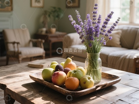 客厅桌上摆放的水果与薰衣草花束