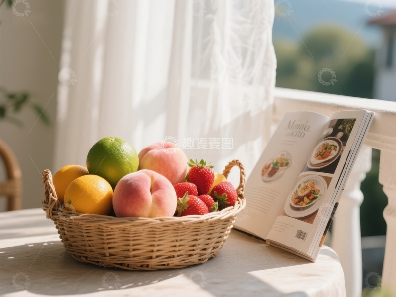 高清大图下载【趣麦麦图】窗边果篮与美食杂志