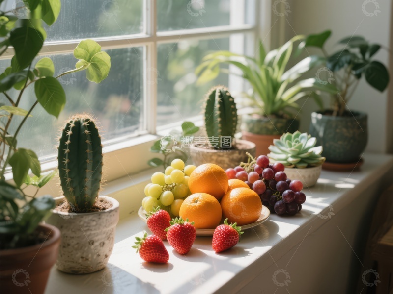 高清大图下载【趣麦麦图】窗台上的绿植与新鲜水果