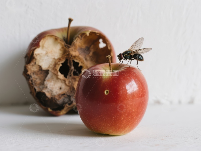 高清大图下载【趣麦麦图】新鲜与腐烂苹果对比，苍蝇停留
