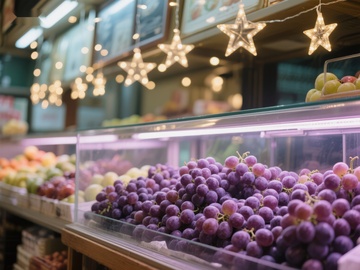 水果摊上的紫葡萄与节日灯光