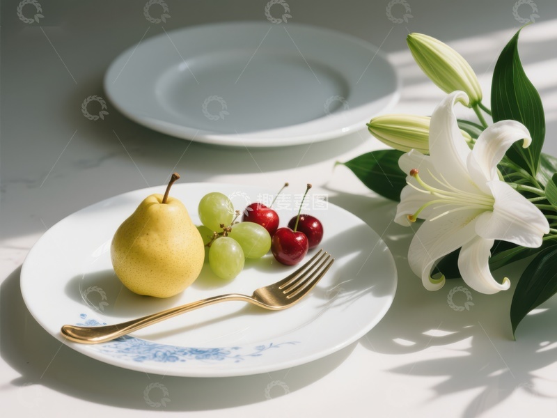 高清大图下载【趣麦麦图】静谧餐桌：水果与百合花的优雅搭配