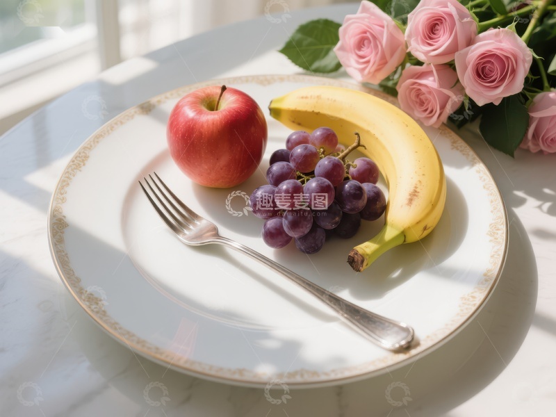 高清大图下载【趣麦麦图】水果盘与玫瑰花的静谧组合