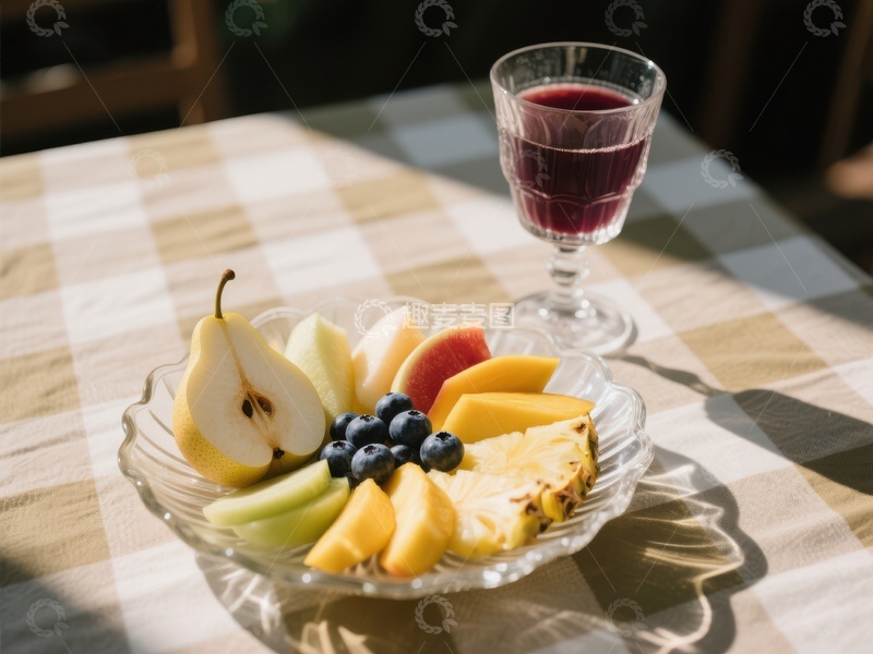 高清大图下载【趣麦麦图】水果拼盘与果汁，阳光下的餐桌