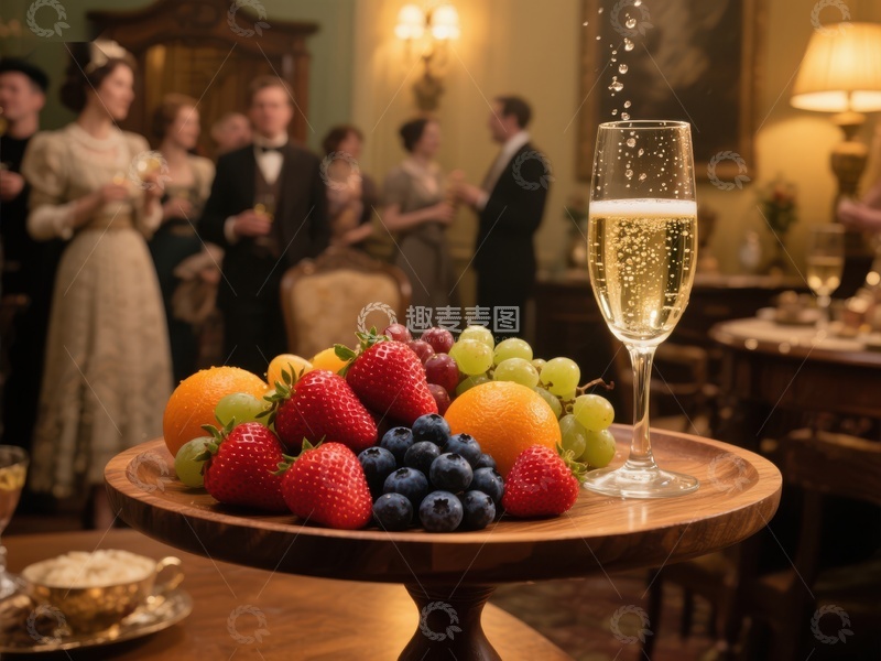 高清大图下载【趣麦麦图】水果与香槟，复古宴会场景