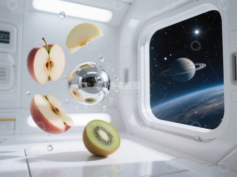 高清大图下载【趣麦麦图】太空舱内悬浮的水果与星球