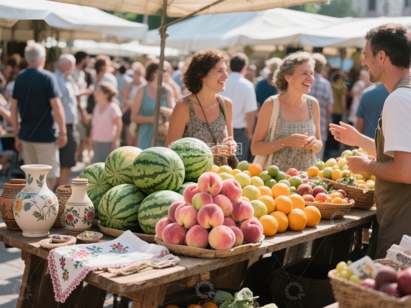 高清大图下载【趣麦麦图】集市摊位前的欢笑与交谈