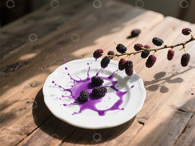桑葚掉落盘中，紫色汁液四溅