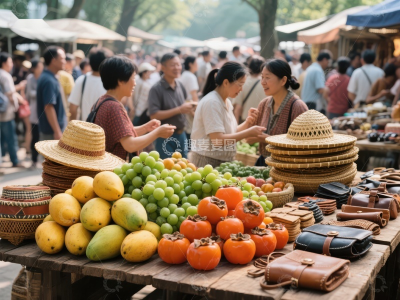 市场摊位展示新鲜水果与手工艺品