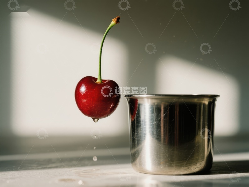 高清大图下载【趣麦麦图】樱桃悬空，金属杯旁