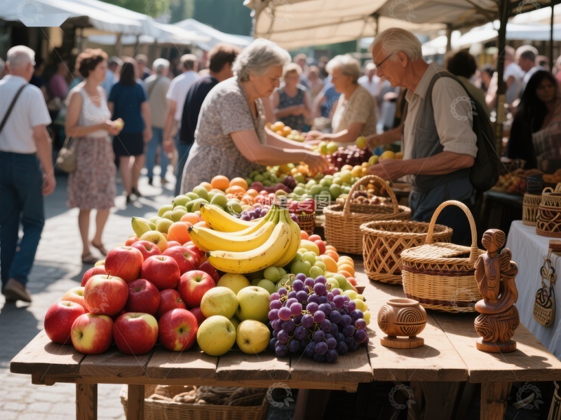 市场摊位前的水果交易