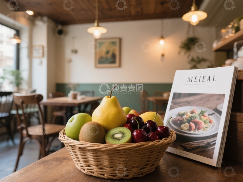 高清大图下载【趣麦麦图】水果篮与美食杂志的温馨场景