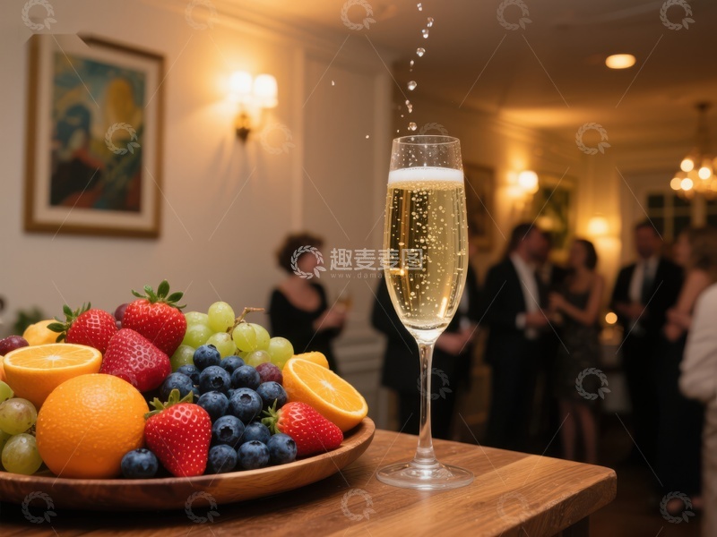 高清大图下载【趣麦麦图】香槟与水果盘，室内聚会场景