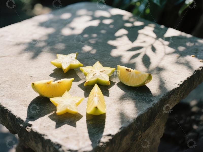 高清大图下载【趣麦麦图】切片杨桃与柠檬置于石台